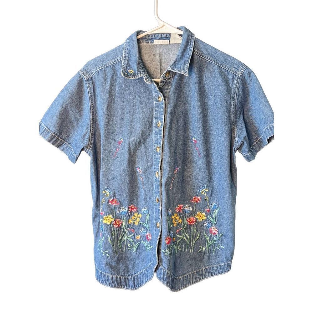 Cabin Creek Vintage Women's Embroidered Flowers Jean Short Sleeve Size Med.,T45